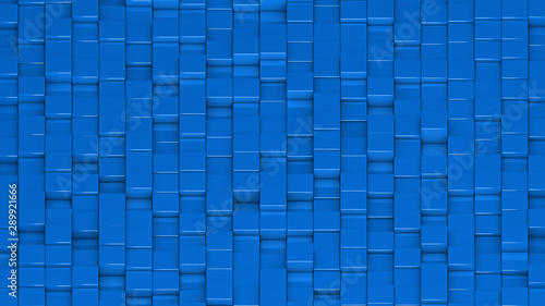 Grid of blue cubes. Wide shot. 3D computer generated background image.