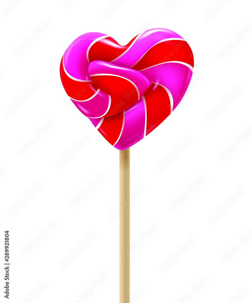 Red and pink heart lollipop on a white background, tasty candy, lovers, a treat for children. Valentines day. Food, dessert, sugar. 3D effect. Vector illustration. EPS10 Red and pink heart lollipop on a white background, tasty candy, lovers, a treat for children. Valentines day. Food, dessert, sugar. 3D effect. Vector illustration. EPS10