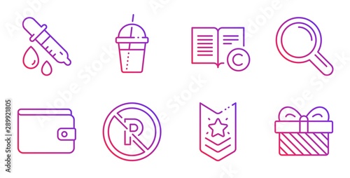 Research, No parking and Coffee cocktail line icons set. Copyright, Money wallet and Chemistry pipette signs. Shoulder strap, Gift symbols. Magnifying glass, Car park. Gradient research icon. Vector