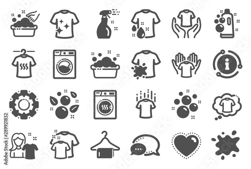 Laundry icons. Dryer, Washing machine and dirt shirt. Laundromat, hand washing, soap bubbles in basin icons. Dry t-shirt, laundry service, dirty smudge spot. Clean clothes. Quality set. Vector