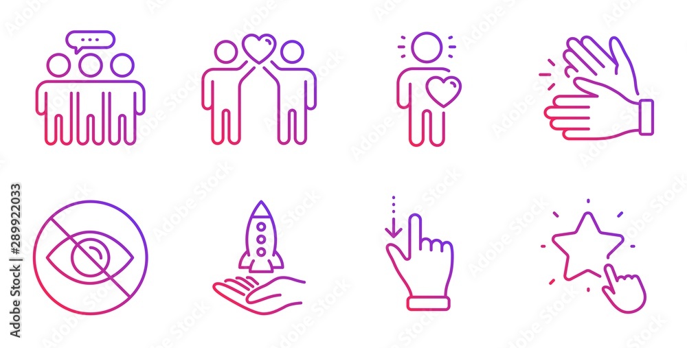 Clapping hands, Employees group and Crowdfunding line icons set. Not looking, Touchscreen gesture and Friends couple signs. Friend, Ranking star symbols. Clap, Collaboration. People set. Vector