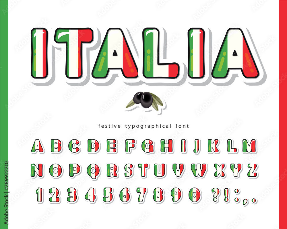 Italy cartoon font. Italian national flag colors. Paper cutout glossy ABC  letters and numbers. Bright alphabet for tourism t-shirt, cap design.  Vector Stock Vector | Adobe Stock