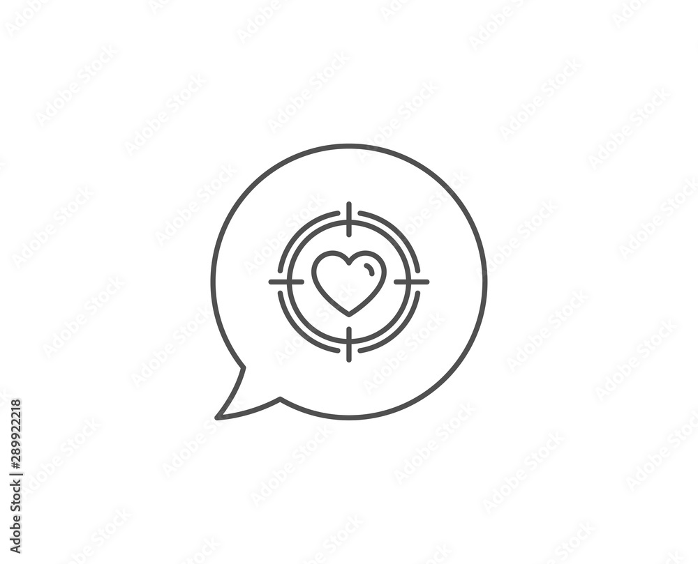 Heart in Target aim line icon. Chat bubble design. Love dating symbol. Valentines day sign. Outline concept. Thin line valentine target icon. Vector Heart in Target aim line icon. Chat bubble design. Love dating symbol. Valentines day sign. Outline concept. Thin line valentine target icon. Vector