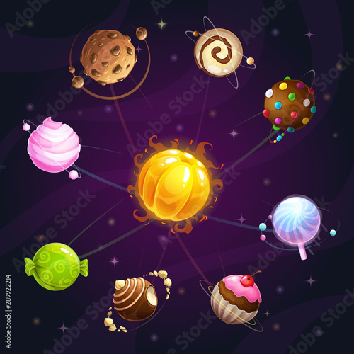 Fantasy cartoon solar system with candy planets. Sweet galaxy concept.