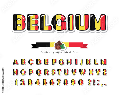 Belgium cartoon font. Belgian national flag colors. Paper cutout glossy ABC letters and numbers. Bright alphabet for tourism design. Vector