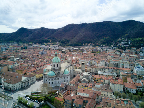 Aerial photo shooting with drone on Como, famous Lombardia city on the Como Lario Lake