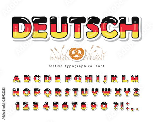 Germany cartoon font. German national flag colors. Paper cutout glossy ABC letters and numbers. Bright alphabet for tourism design. Vector