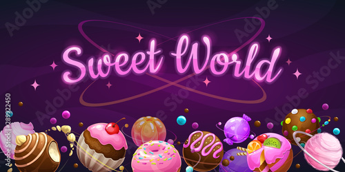 Sweet world concept. Candy, donut, chocolate, cake, cupcake, jelly planets on the space background.