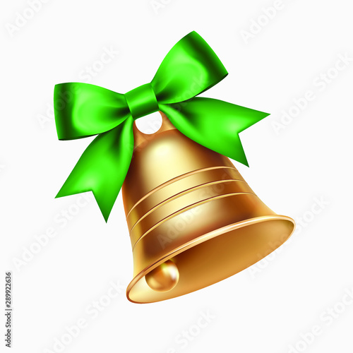 Golden metal bell with green bow isolated on a white background, Christmas symbol, school bell, vintage bell. 3D effect. Vector illustration. EPS10