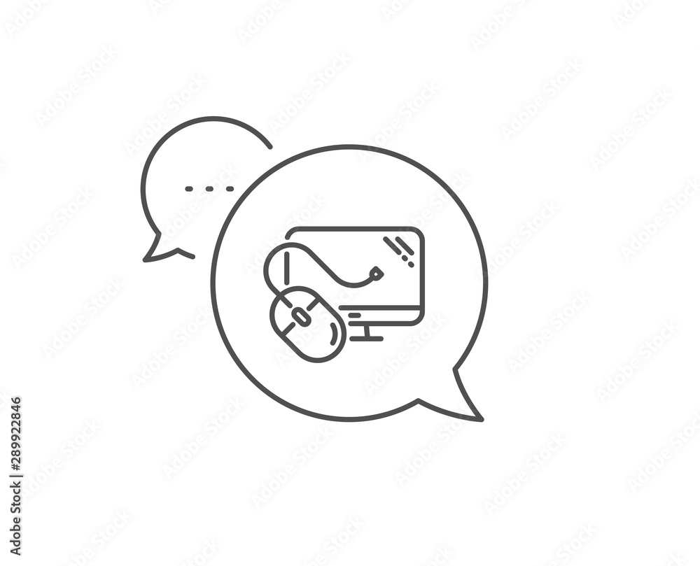 Computer line icon. Chat bubble design. PC mouse component sign. Monitor symbol. Outline concept. Thin line computer mouse icon. Vector Computer line icon. Chat bubble design. PC mouse component sign. Monitor symbol. Outline concept. Thin line computer mouse icon. Vector