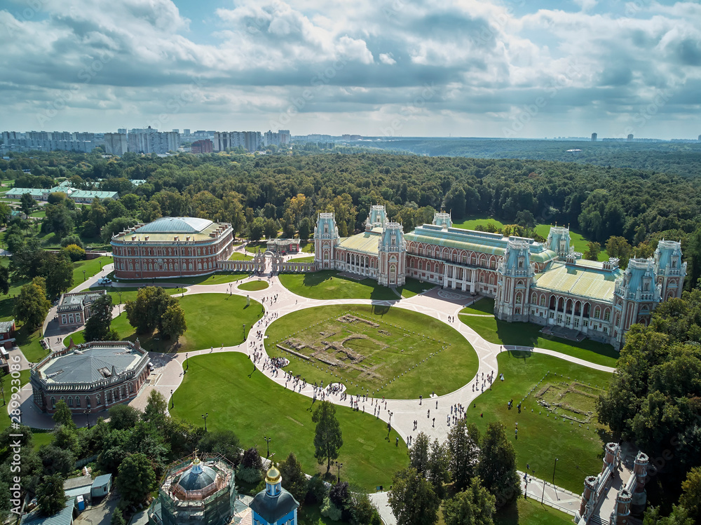 Grand palace of queen Catherine the Great in Tsaritsyno. Historical park Tsaritsyno is a landmark of Moscow. Aerial view
