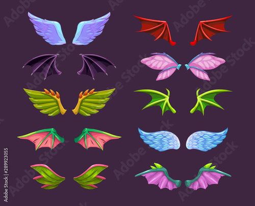 Different cartoon animal wings set. Angel, devil, dragon, bat, butterfly  wing icons. Stock Vector | Adobe Stock