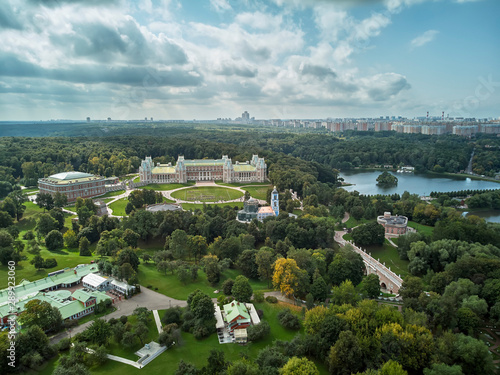 Fototapeta Naklejka Na Ścianę i Meble -  Grand palace of queen Catherine the Great in Tsaritsyno. Historical park Tsaritsyno is a landmark of Moscow. Aerial view