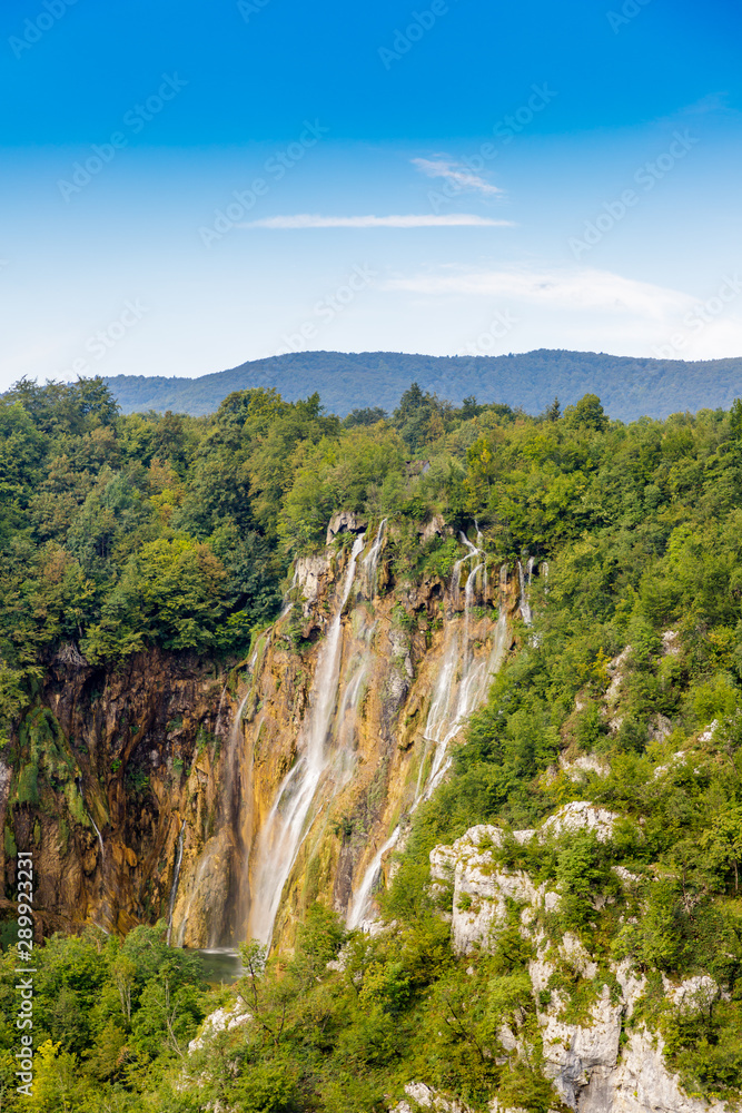 Beautiful view of the most famous waterfalls in the sunshine in Plitvice National Park, Croatia