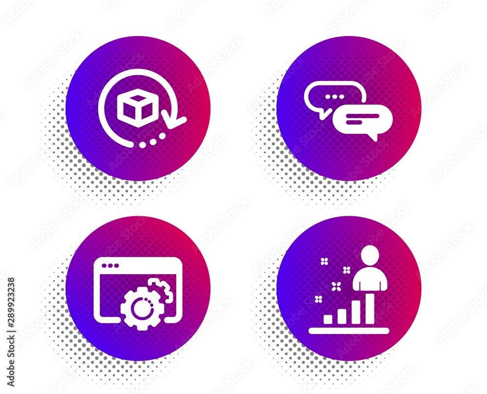 Dots message, Return package and Seo gear icons simple set. Halftone dots button. Stats sign. Chat bubble, Exchange goods, Settings. Business analysis. Business set. Vector Dots message, Return package and Seo gear icons simple set. Halftone dots button. Stats sign. Chat bubble, Exchange goods, Settings. Business analysis. Business set. Vector