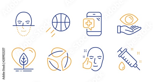 Local grown, Basketball and Face recognition line icons set. Medical phone, Health eye and Leaves signs. Healthy face, Medical syringe symbols. Organic tested, Sport ball. Healthcare set. Vector