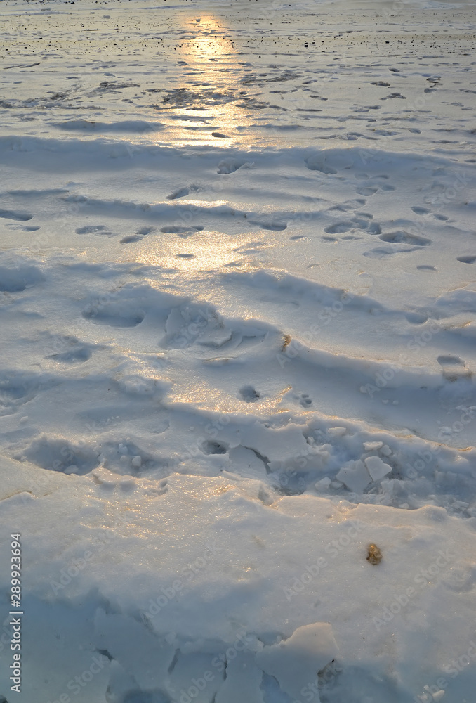 Snow surface with traces of people and solar path Snow surface with traces of people and solar path
