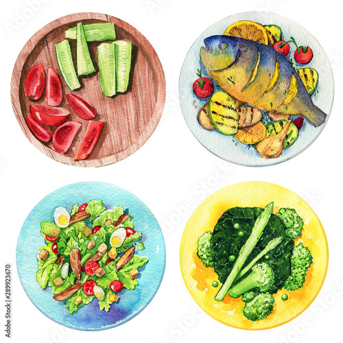 getables healthy food caesar salad fish grill plates watercolor isolated photo