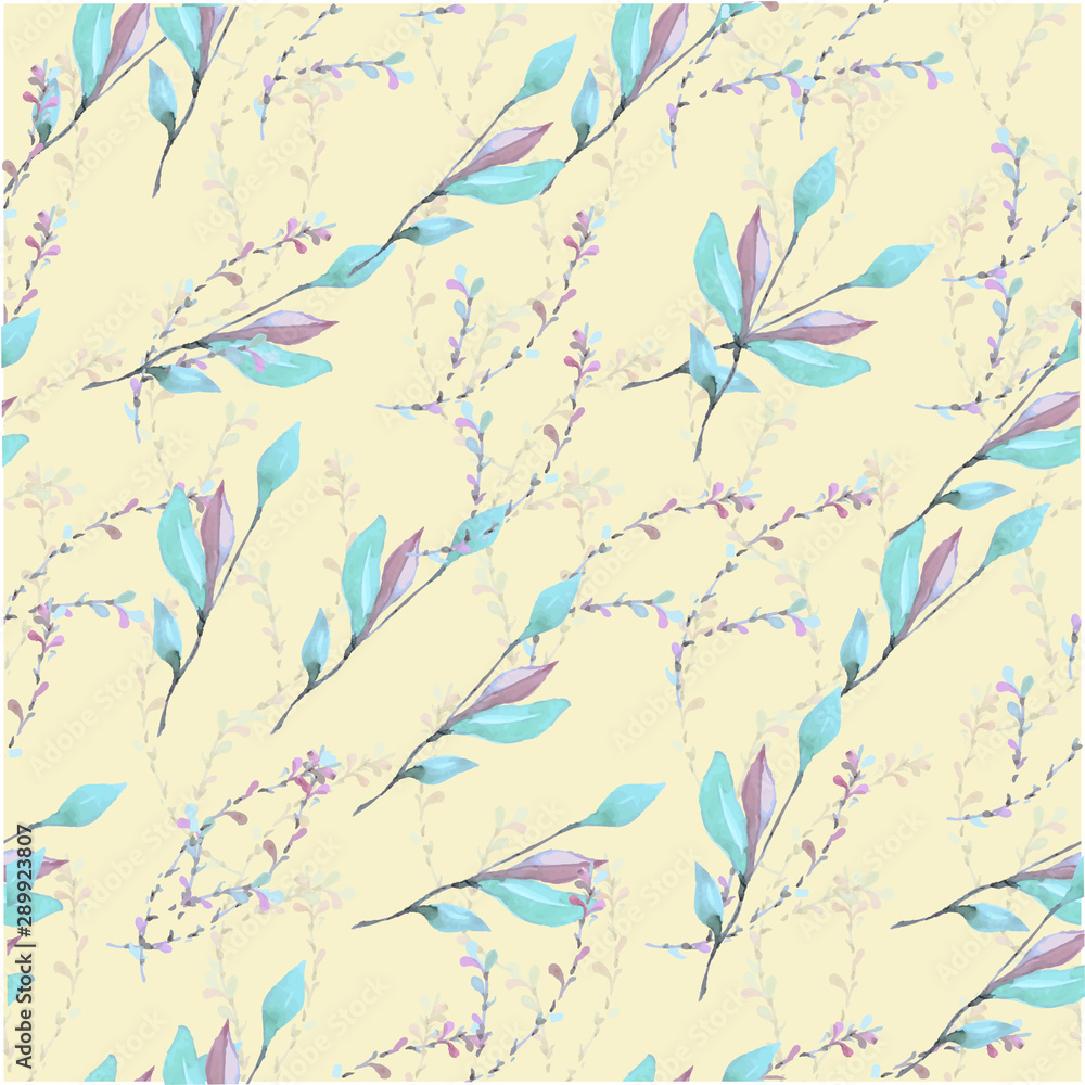 Floral winter branches and leaves seamless pattern