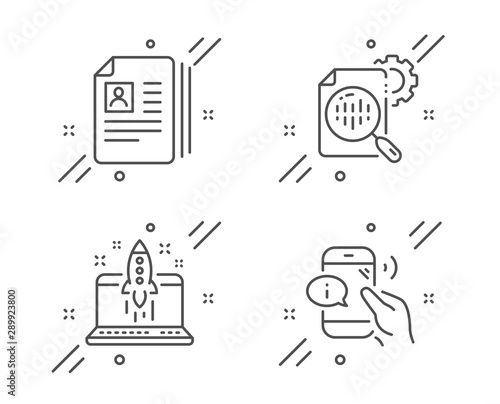 Start business, Cv documents and Seo stats line icons set. Call center sign. Launch idea, Portfolio files, Cogwheel. Phone support. Business set. Line start business outline icon. Vector