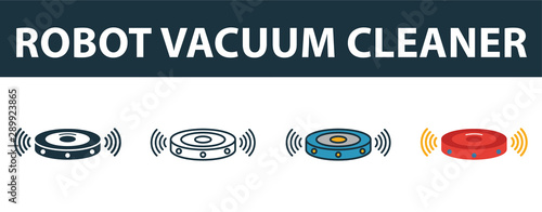 Robot Vacuum Cleaner icon set. Four simple symbols in diferent styles from smart home icons collection. Creative robot vacuum cleaner icons filled, outline, colored and flat symbols
