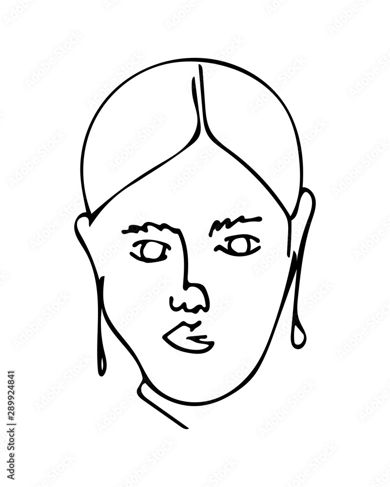 Linear abstract woman face with earrings. Continuous line art. One