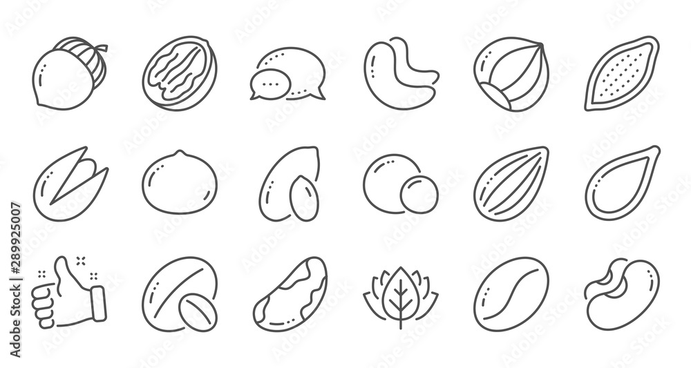 Nuts and seeds line icons. Hazelnut, Almond nut and Peanut. Walnut, Brazil nut, Pistachio icons. Cacao and Cashew nuts. Linear set. Quality line set. Vector Nuts and seeds line icons. Hazelnut, Almond nut and Peanut. Walnut, Brazil nut, Pistachio icons. Cacao and Cashew nuts. Linear set. Quality line set. Vector