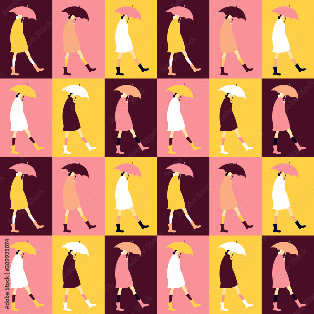 Autumn seamless pattern with woman with umbrella. Cozy print in pop style design Autumn seamless pattern with woman with umbrella. Cozy print in pop style design