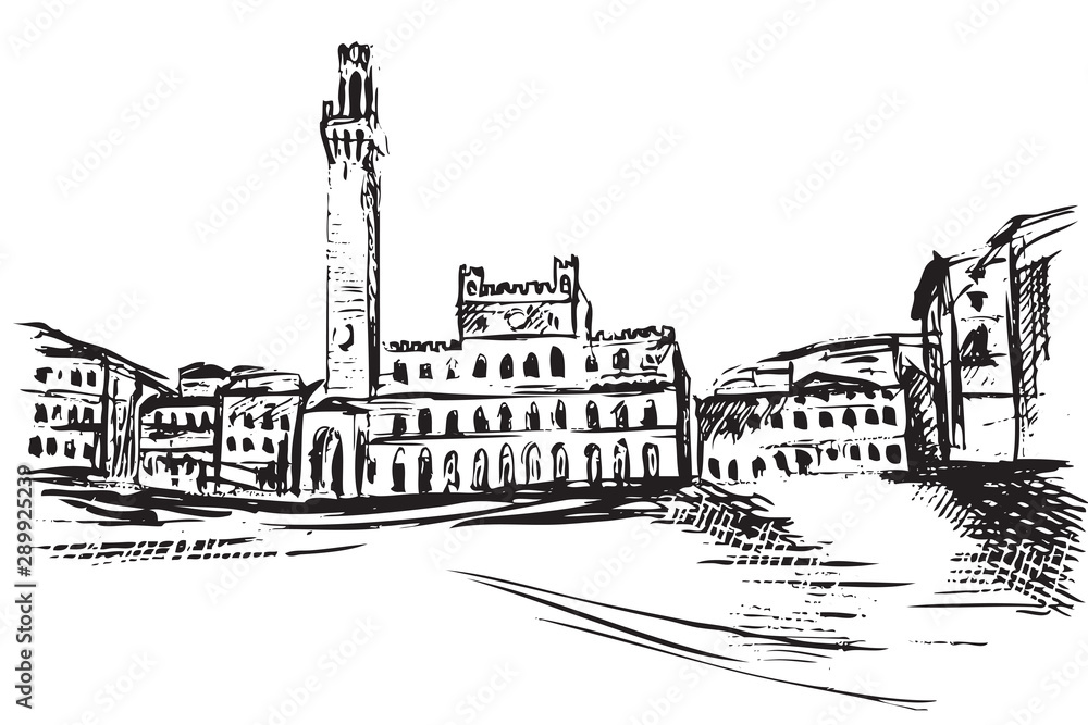 Rysynek ręcznie rysowany. Widok na centrum w Sienie we Włoszech
