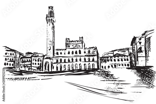 Rysynek ręcznie rysowany. Widok na centrum w Sienie we Włoszech