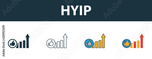 Hyip icon set. Four simple symbols in diferent styles from smm icons collection. Creative hyip icons filled, outline, colored and flat symbols