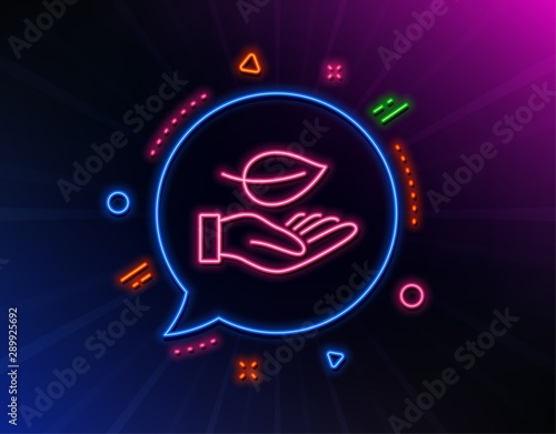 Leaf line icon. Neon laser lights. Grow plant sign. Environmental care symbol. Glow laser speech bubble. Neon lights chat bubble. Banner badge with leaf icon. Vector