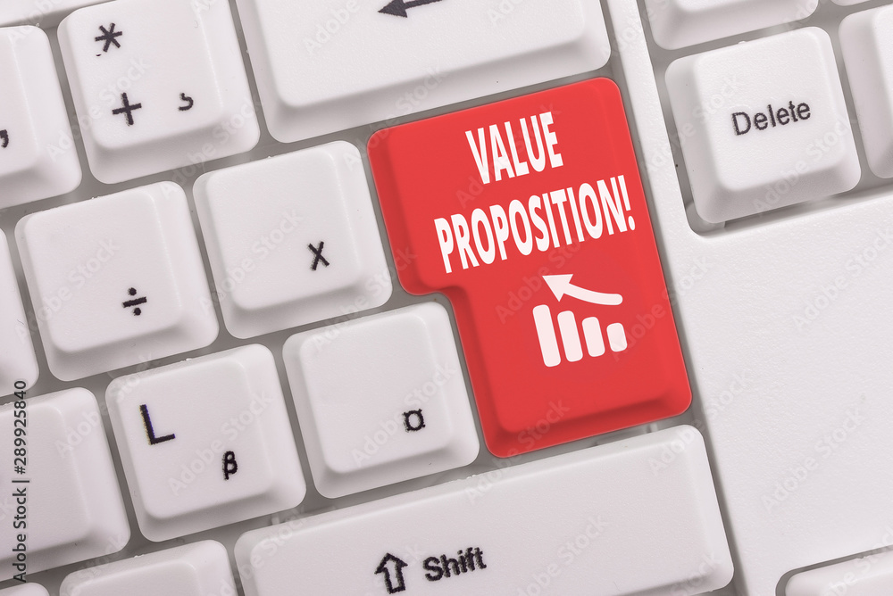 Text sign showing Value Proposition. Business photo text innovation service intended make product attractive White pc keyboard with empty note paper above white background key copy space Text sign showing Value Proposition. Business photo text innovation service intended make product attractive White pc keyboard with empty note paper above white background key copy space