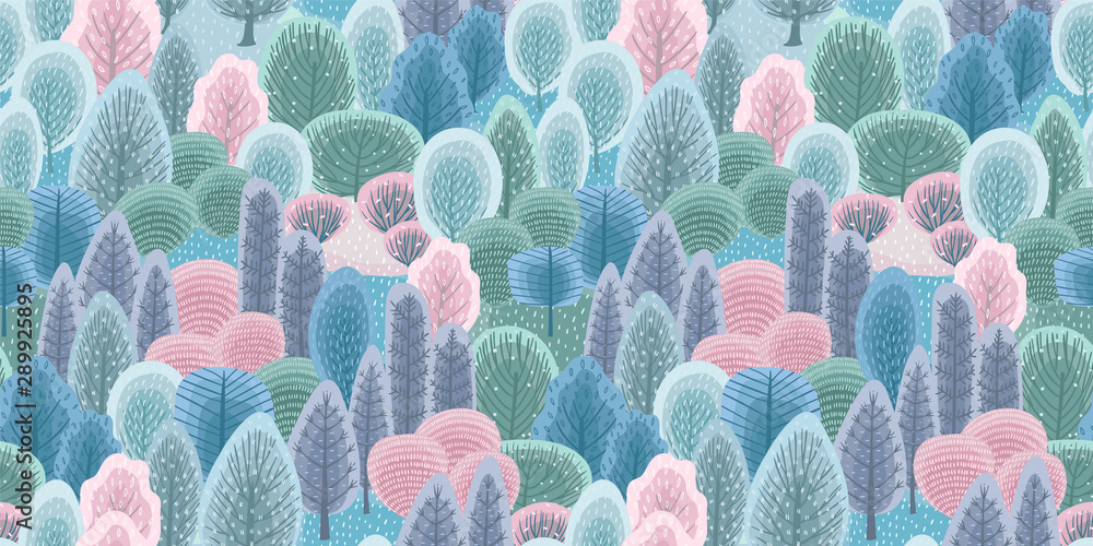 Abstract seamless pattern with winter forest. Vector background