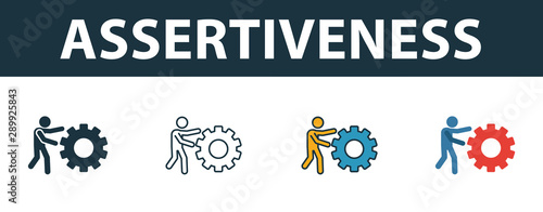 Assertiveness icon set. Four simple symbols in diferent styles from soft skills icons collection. Creative assertiveness icons filled, outline, colored and flat symbols