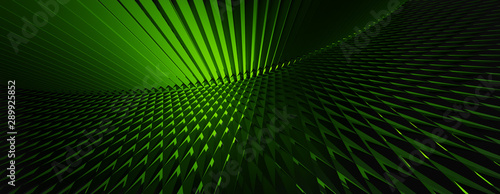 3d ILLUSTRATION  of abstract FUTURISTIC Background  GREEN METAL MESH DESIGN texture  wide panoramic for wallpaper