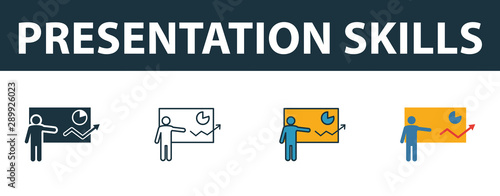 Presentation Skills icon set. Four simple symbols in diferent styles from soft skills icons collection. Creative presentation skills icons filled, outline, colored and flat symbols