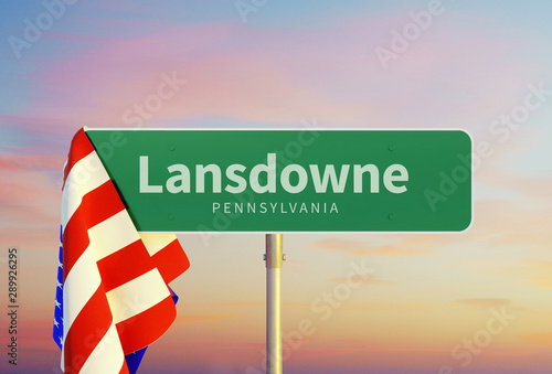 Lansdowne – Pennsylvania. Road or Town Sign. Flag of the united states. Sunset oder Sunrise Sky. 3d rendering photo