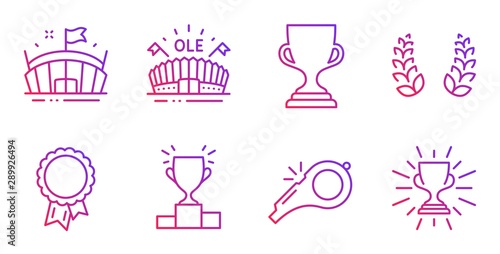 Whistle, Laurel wreath and Success line icons set. Sports arena, Winner podium and Award cup signs. Arena, Trophy symbols. Kick-off, Laureate reward. Sports set. Gradient whistle icon. Vector