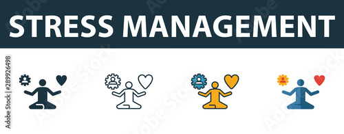 Stress Management icon set. Four simple symbols in diferent styles from soft skills icons collection. Creative stress management icons filled, outline, colored and flat symbols