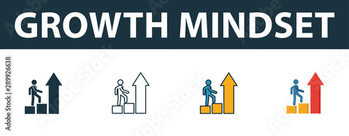 Growth Mindset icon set. Four simple symbols in diferent styles from soft skills icons collection. Creative growth mindset icons filled, outline, colored and flat symbols