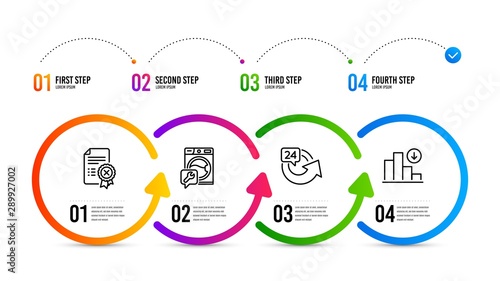 Decreasing graph sign. Infographics timeline. 24 hours, Washing machine and Reject certificate line icons set. Repeat, Repair service, Decline file. Crisis chart. Business set. 24 hours icon. Vector