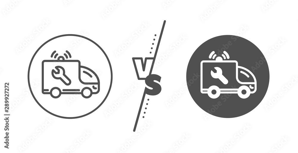 Car repair service sign. Versus concept. Spanner tool line icon. Fix instruments symbol. Line vs classic car service icon. Vector Car repair service sign. Versus concept. Spanner tool line icon. Fix instruments symbol. Line vs classic car service icon. Vector