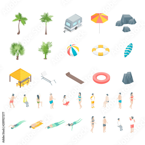 Beach Rest Icon Set Concept 3d Isometric View. Vector