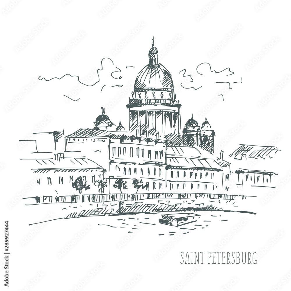 St. Isaac's Cathedral across Moyka river, Saint-petersburg, Russia. Vector illustration. Sketch.