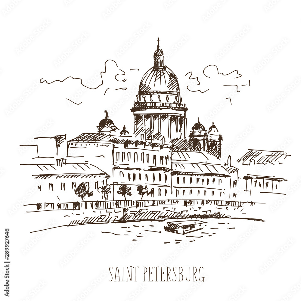 St. Isaac's Cathedral across Moyka river, Saint-petersburg, Russia. Vector illustration. Sketch.