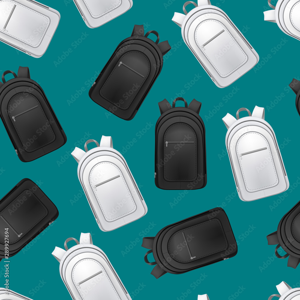 Realistic Detailed 3d White and Black Blank School Backpacks Seamless Pattern Background. Vector Realistic Detailed 3d White and Black Blank School Backpacks Seamless Pattern Background. Vector