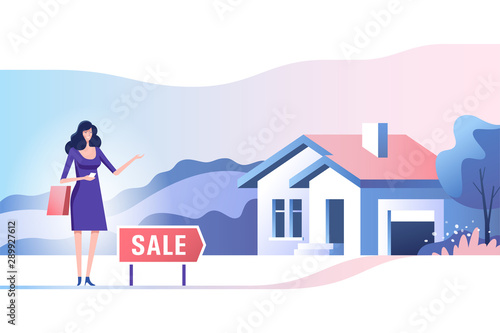 Real estate concept. Realtor and house for sale. Bying and selling property. Vector illustration.
