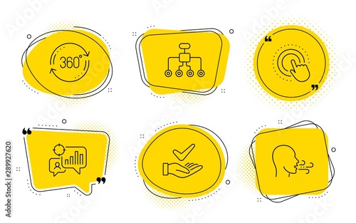 Dermatologically tested, Restructuring and Breathing exercise signs. Chat bubbles. Full rotation, Seo statistics and Click hand line icons set. 360 degree, Analytics chart, Touch gesture. Vector