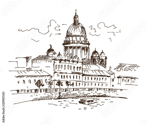 St. Isaac's Cathedral across Moyka river, Saint-petersburg, Russia. Vector illustration. Sketch.